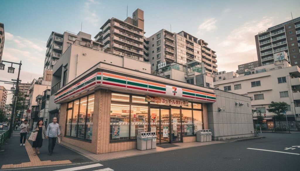 A high-definition real photo of a 7-Eleven convenience store in Japan, featuring a street-level view with subtle color adjustments and angle changes to ensure originality.