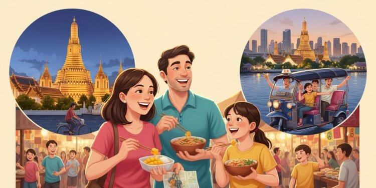 A vibrant digital illustration showing a happy family of four exploring Bangkok affordably, with scenes from Chatuchak market, Wat Pho temple, and a tuk-tuk ride along the Chao Phraya River.